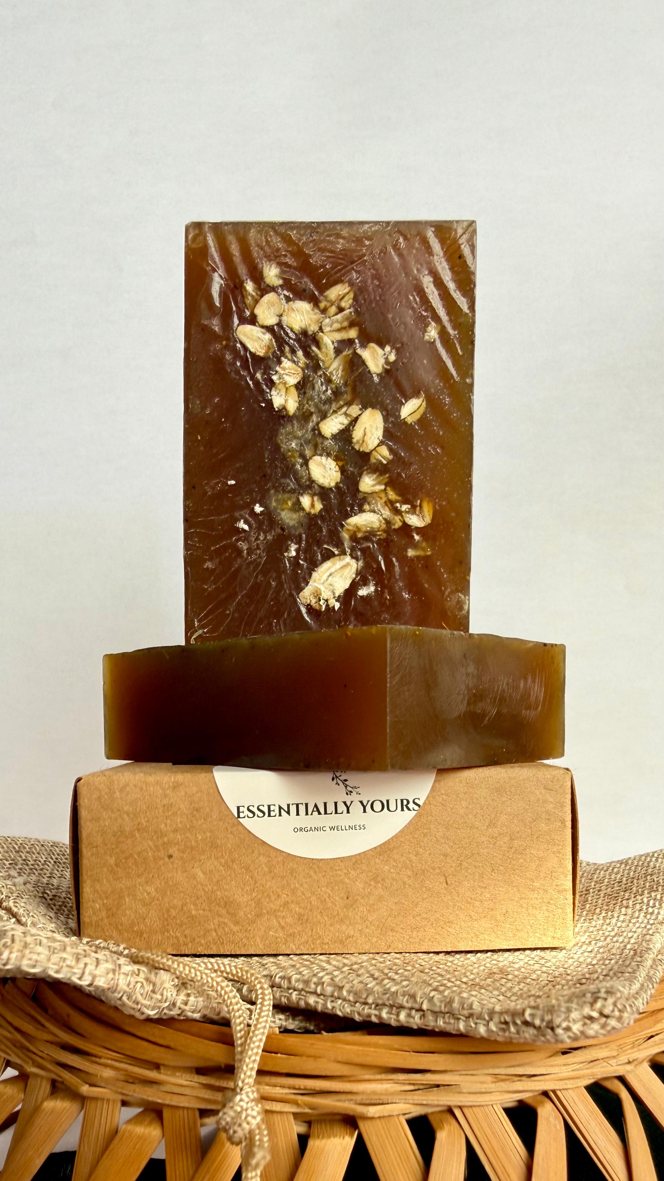 Natural Oats & Honey Bar soap displayed with rolled oats, golden honey, and soft neutral tones on a rustic background, showcasing a soothing and nourishing handcrafted skincare product.